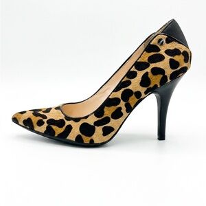 Calvin Klein Leopard Print Calf Hair Pointed Toe Pumps Black Heel Accent Sz 7.5